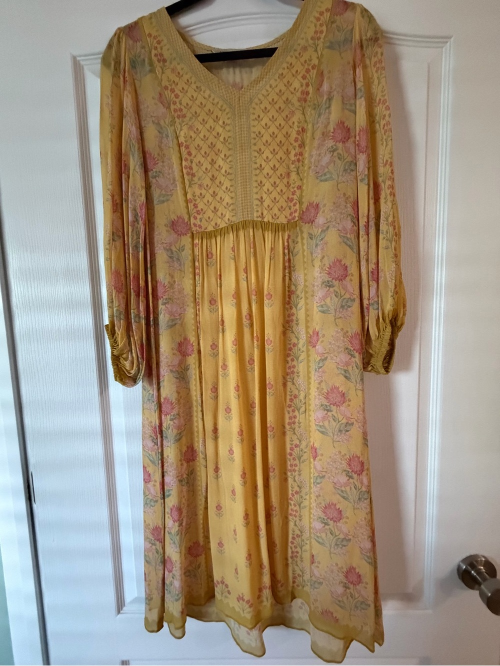 Anita Dongre Sheer Pale Yellow Floral Dress with Pink Florals